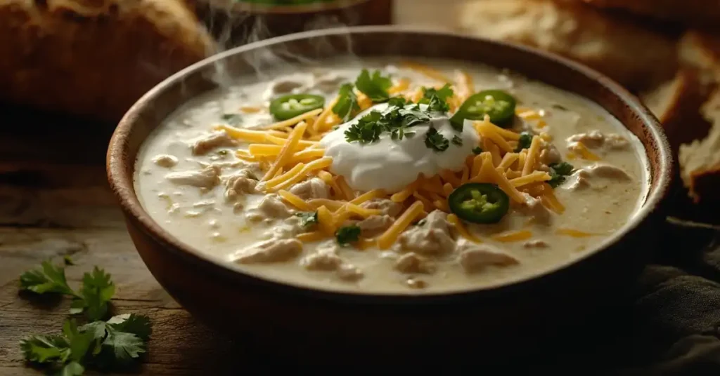 A bowl of creamy white chicken chili topped with shredded cheese, jalapeños, and sour cream.