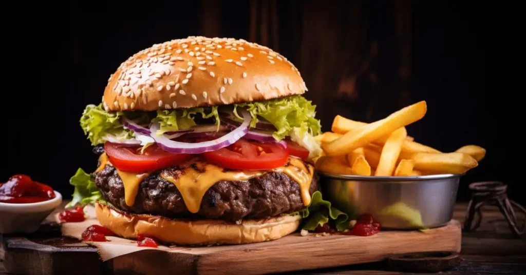 A close-up of a gourmet stovetop burger served with crispy fries and dipping sauce.