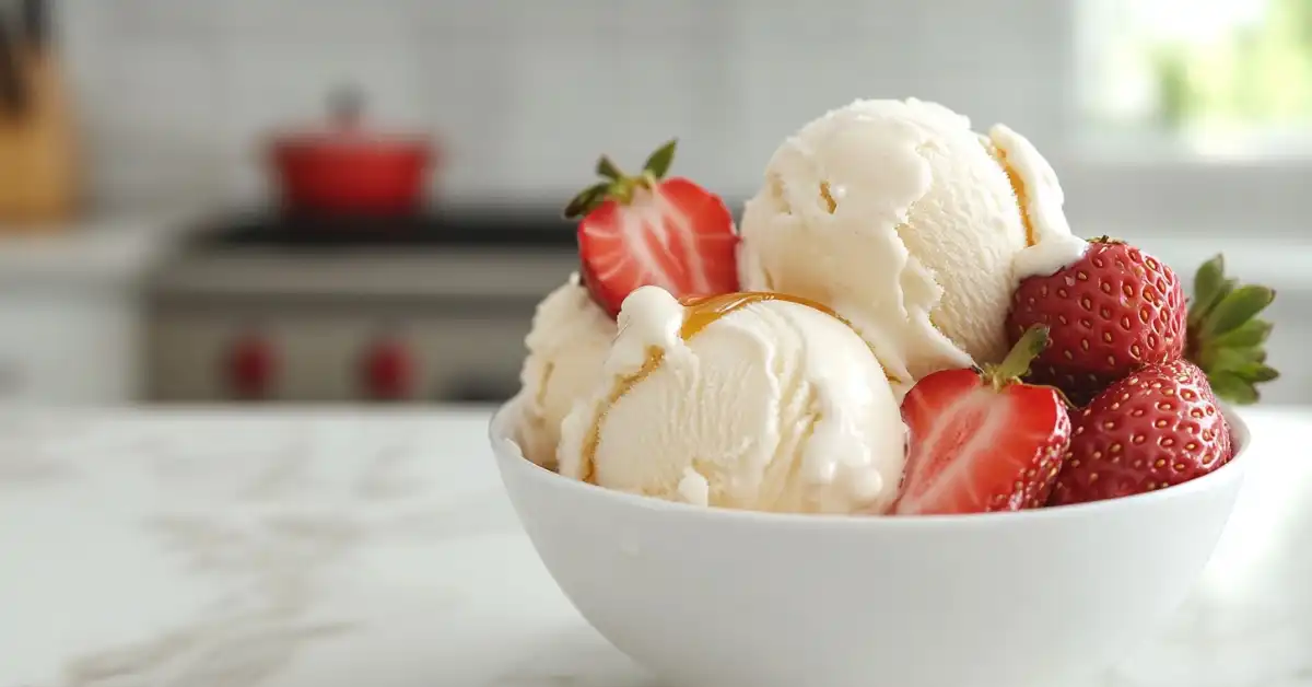 Vanilla ice cream scoops with fresh strawberries and a drizzle of syrup in a white bowl.