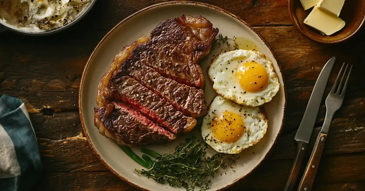 A plate of steak and fried eggs garnished with thyme, served with butter on the side.
