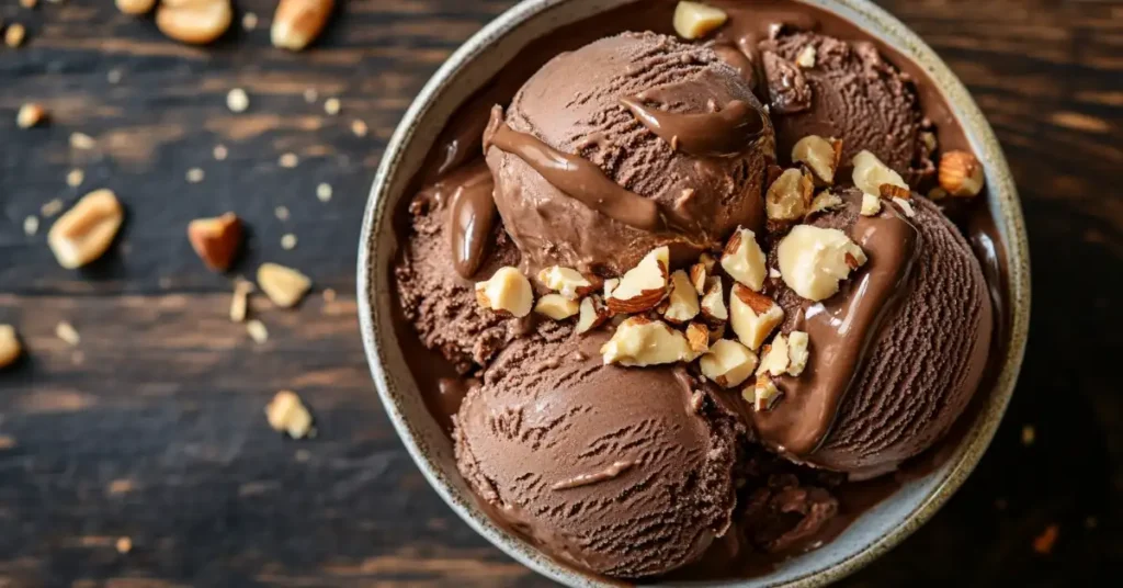 Vegan chocolate ice cream with chopped nuts in a rustic bowl.