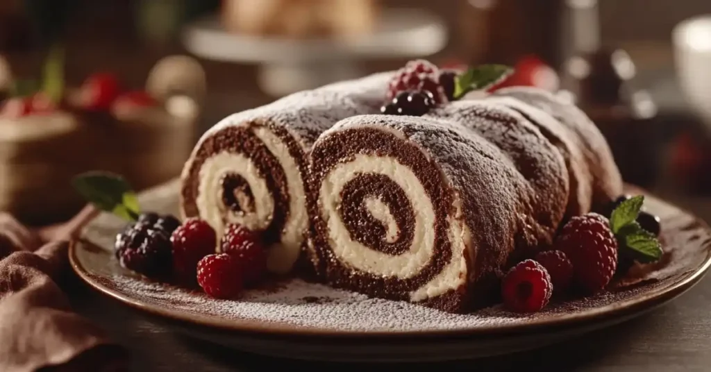 A plate of chocolate Swiss roll slices topped with powdered sugar, fresh berries, and mint leaves.