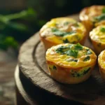 Freshly baked Spinach Quiche Muffins on a wooden board, garnished with parsley.