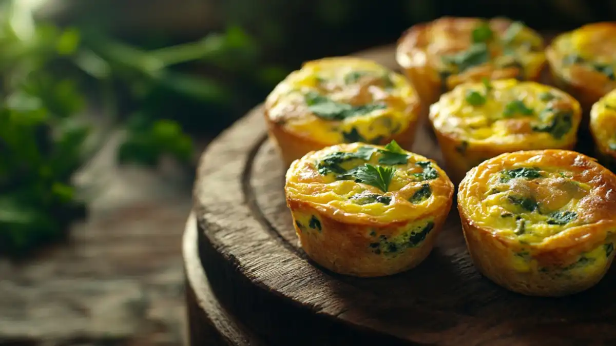 Freshly baked Spinach Quiche Muffins on a wooden board, garnished with parsley.