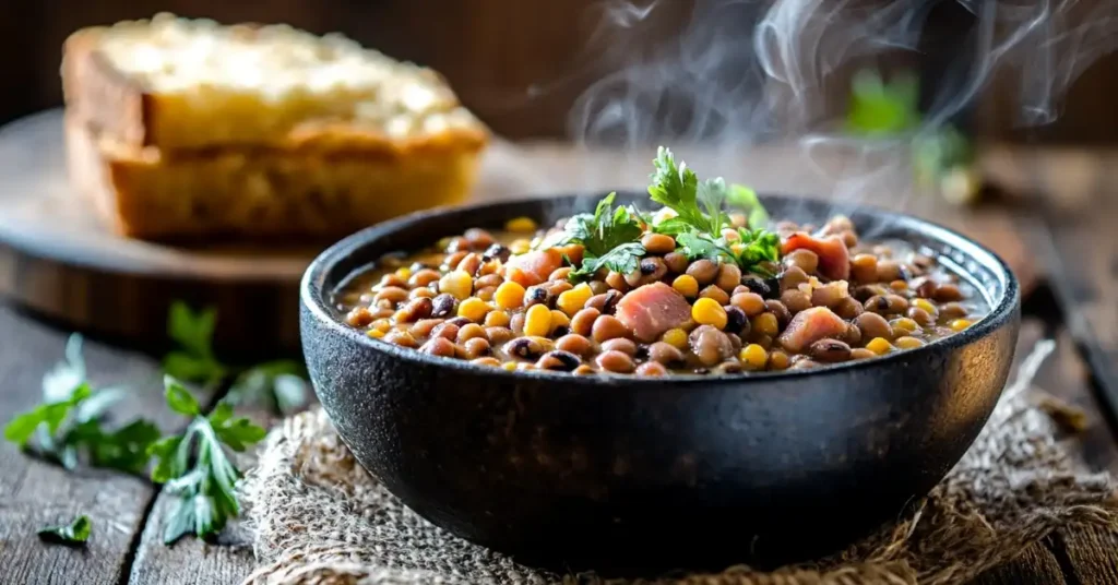 Smoky black-eyed pea stew with ham and corn, garnished with parsley.