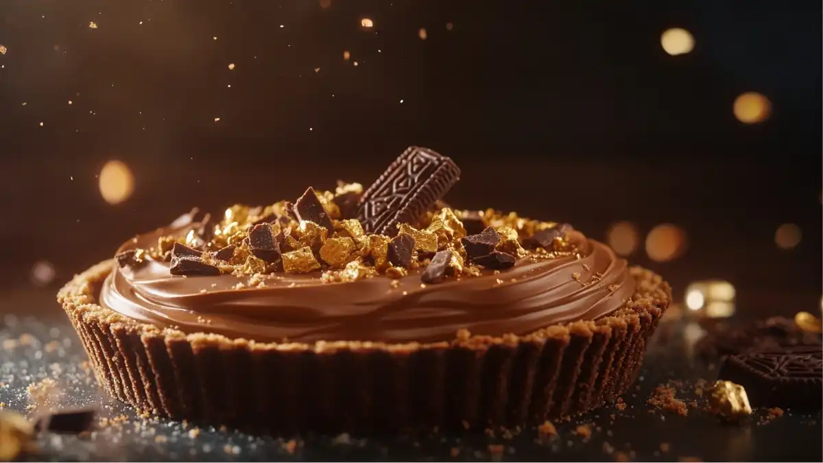 A luxurious version of the Cadbury Flake Mousse Tart, topped with edible gold flakes, chocolate chunks, and an Oreo biscuit.