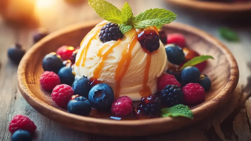 Vanilla ice cream topped with caramel sauce, fresh berries, and a sprig of mint on a wooden plate.