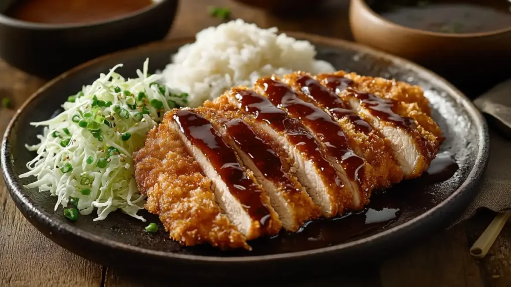 Chicken Katsu served with rice, shredded cabbage, and scallions on a plate.