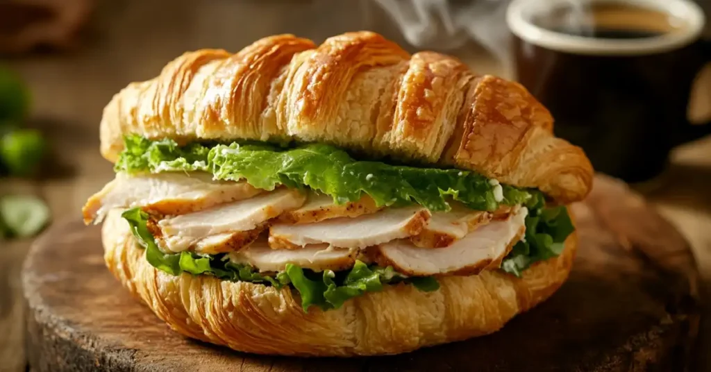 Croissant sandwich stuffed with sliced chicken breast, crisp lettuce, and a creamy dressing.