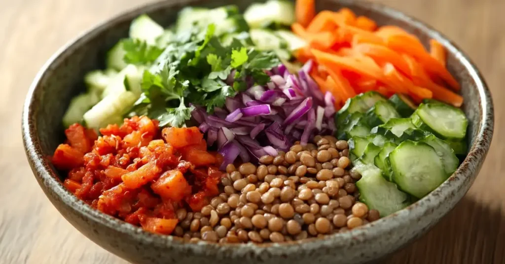 A bowl of lentils with colorful fresh veggies like carrots, cucumber, red onion, and cilantro.