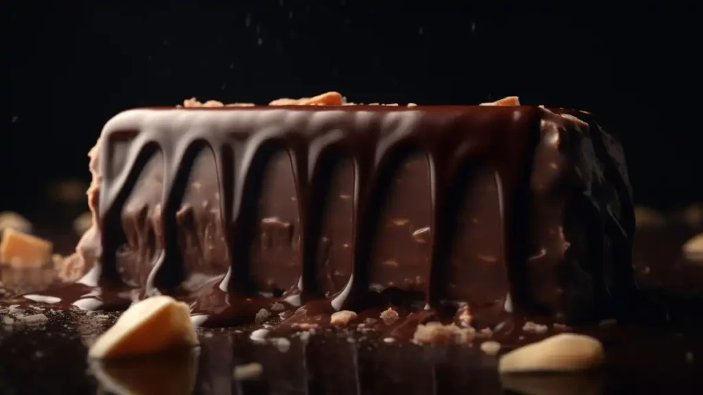 Dark chocolate bar dripping with molten chocolate and garnished with crushed nuts.