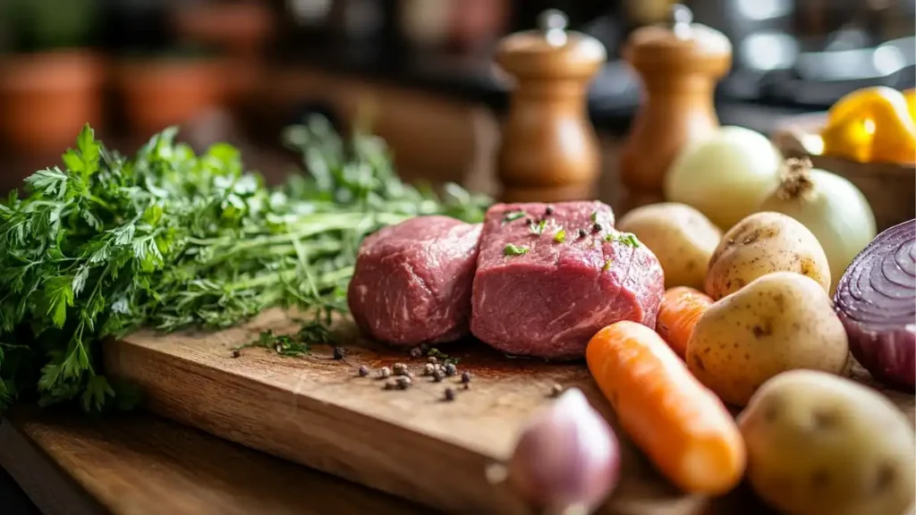 Fresh ingredients for beef stew on a wooden cutting board, including beef, carrots, onions, and potatoes.