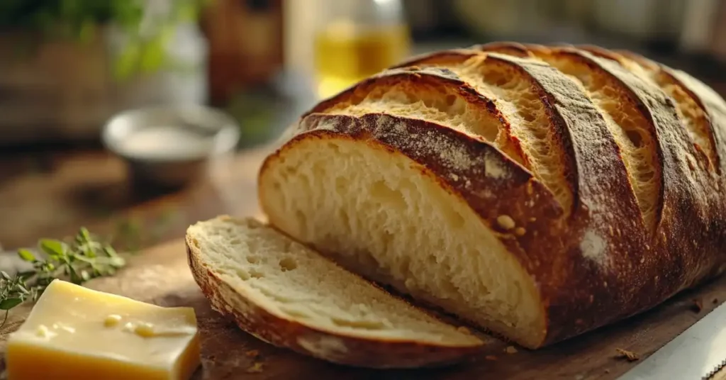 A loaf of freshly baked carnivore bread with golden crust slices and butter on the side.