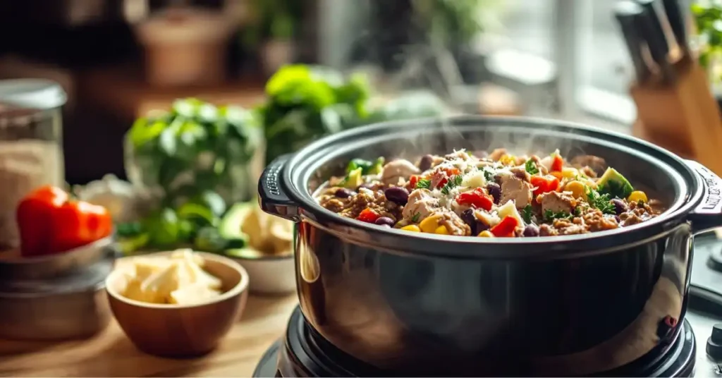 Hearty keto vegetable stew with fresh herbs and a variety of colorful vegetables.
