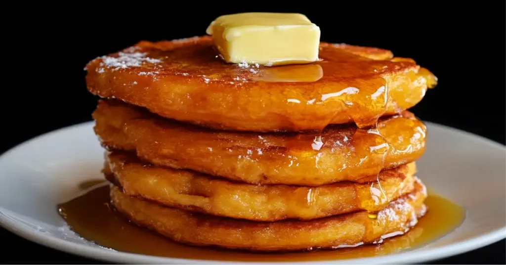 A close-up of a stack of hotcakes with butter and syrup on top.