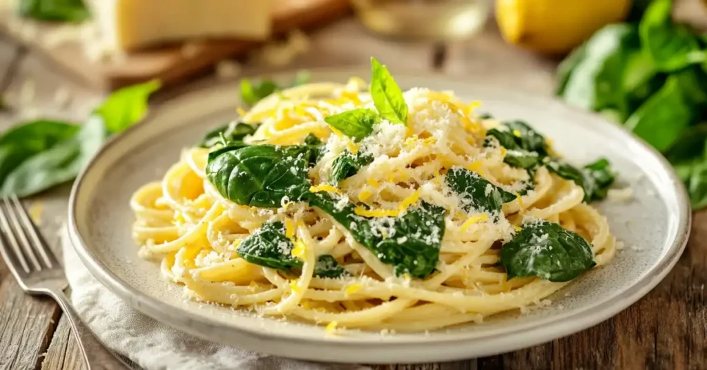 A beautifully plated Lemon Ricotta Spinach Pasta dish on a rustic wooden table, garnished with fresh spinach, Parmesan cheese, and lemon zest. Bright natural lighting enhances the creamy texture and vibrant colors.