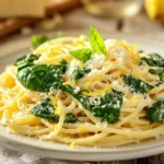 A beautifully plated Lemon Ricotta Spinach Pasta dish on a rustic wooden table, garnished with fresh spinach, Parmesan cheese, and lemon zest. Bright natural lighting enhances the creamy texture and vibrant colors.