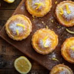 Freshly baked Baby Lemon Impossible Pies, golden brown with a dusting of powdered sugar and lemon zest on a rustic wooden board.
