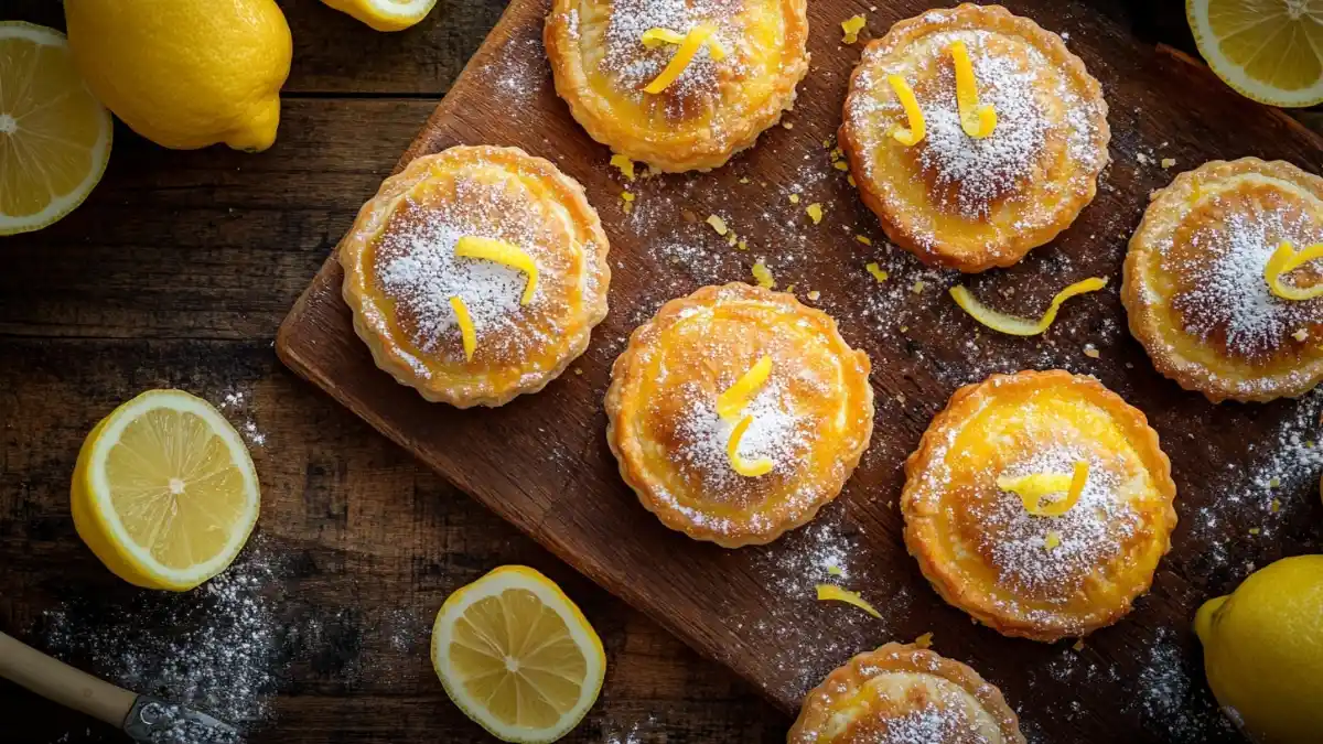 Freshly baked Baby Lemon Impossible Pies, golden brown with a dusting of powdered sugar and lemon zest on a rustic wooden board.