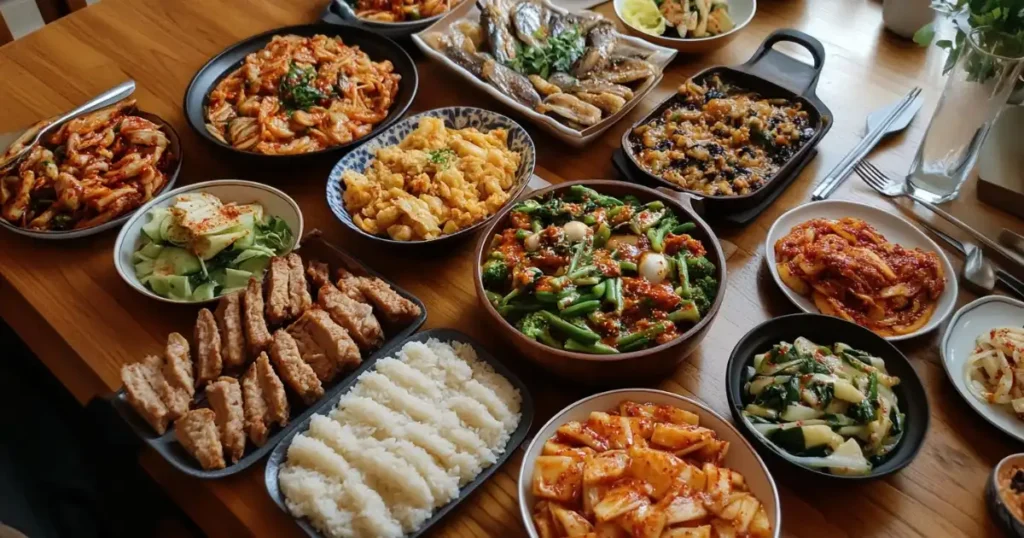 A bountiful Korean feast with a variety of traditional dishes, including kimchi and rice.