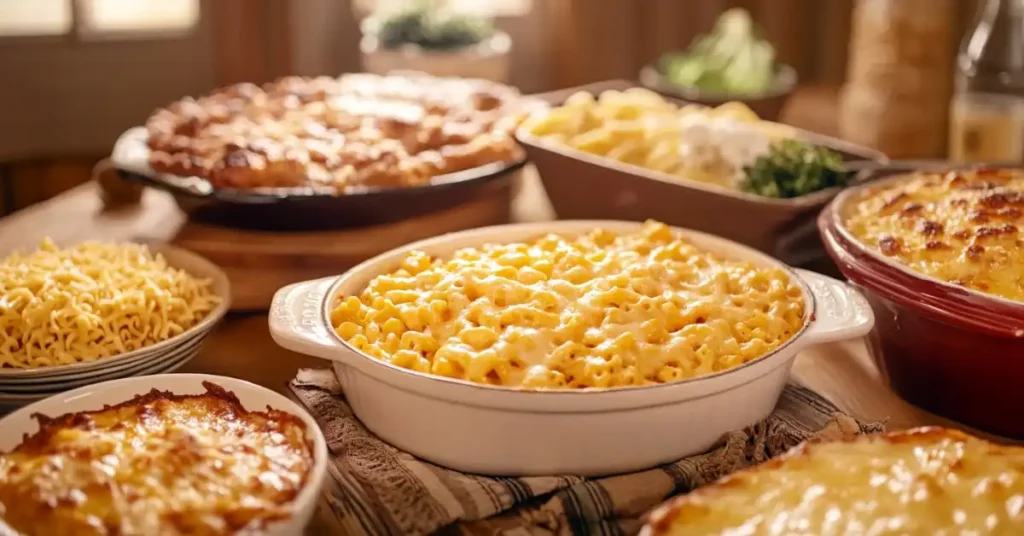 A table spread of baked mac and cheese dishes in various styles.
