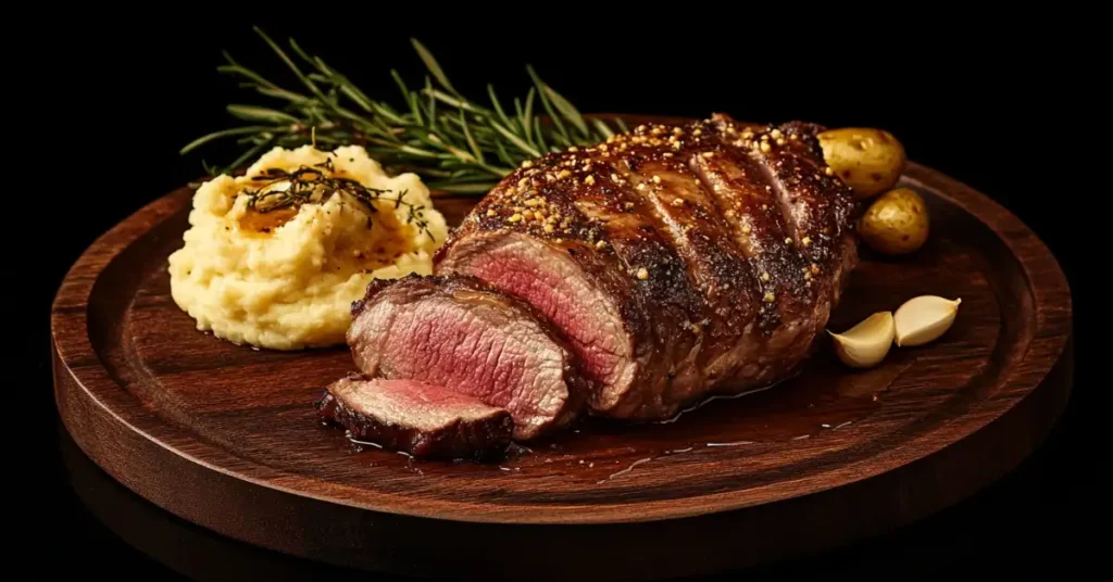 Roast leg of lamb on a wooden platter with mashed potatoes and garlic cloves.