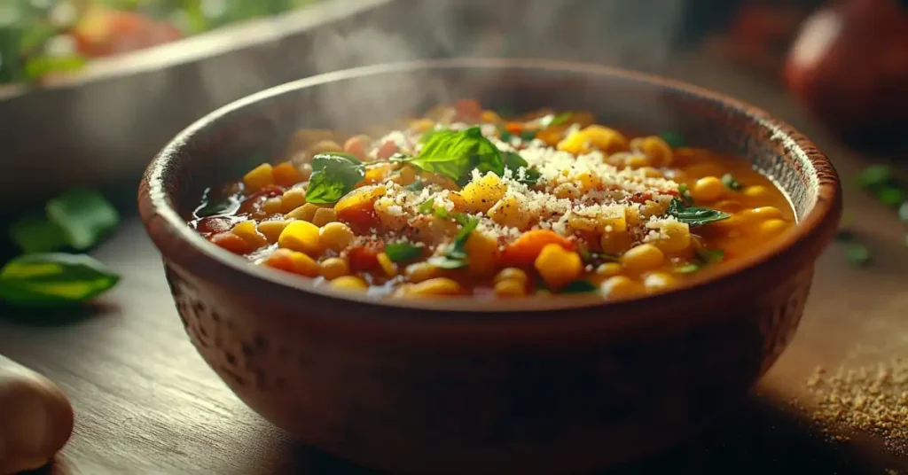 Close-up of steaming Minestrone Soup topped with grated Parmesan cheese, garnished with basil leaves.