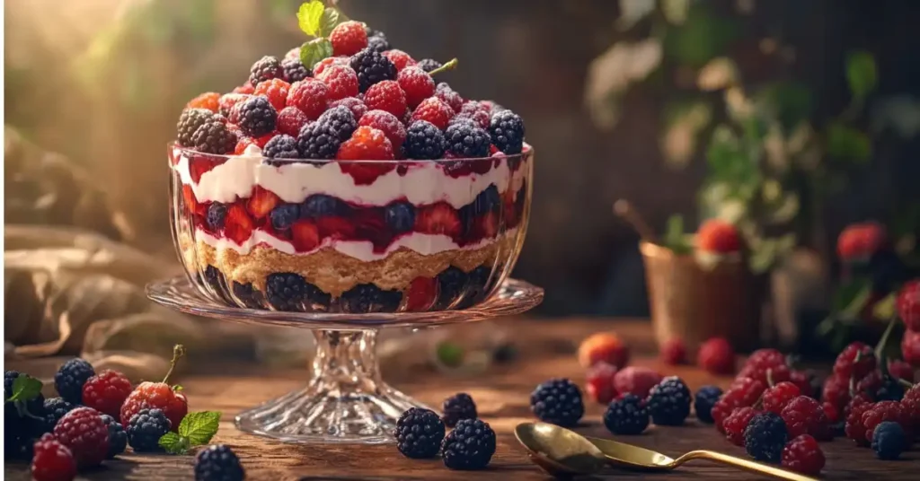 A rustic-style Berry Tiramisu Trifle served in a glass bowl surrounded by fresh berries and mint under natural light.