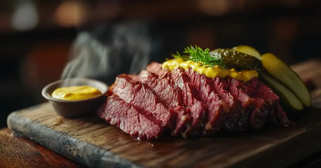 Rustic serving of corned beef on a wooden platter with mustard and pickles.