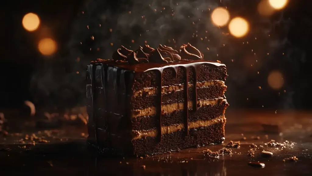 A close-up of a slice of decadent chocolate layer cake with dripping ganache and multiple moist layers.
