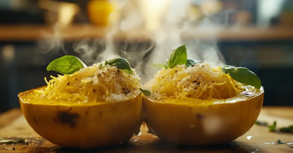 Steaming baked spaghetti squash served with parmesan cheese, black pepper, and basil on top.