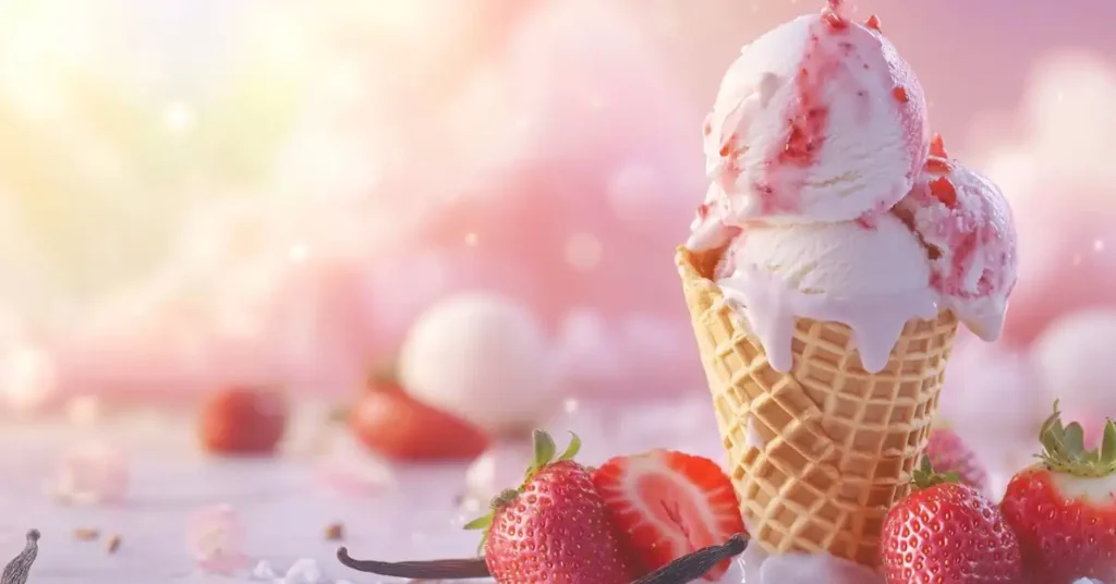 Strawberry vanilla swirl ice cream in a waffle cone with fresh strawberries and a dreamy background.