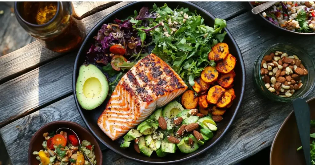 Grilled salmon with avocado, roasted plantains, mixed greens, and almonds in a Whole30 power bowl.