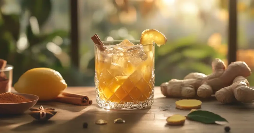 Brazilian Mounjaro drink served over ice, garnished with ginger, cinnamon sticks, and lemon