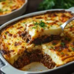 Close-up of moussaka being served from a baking dish