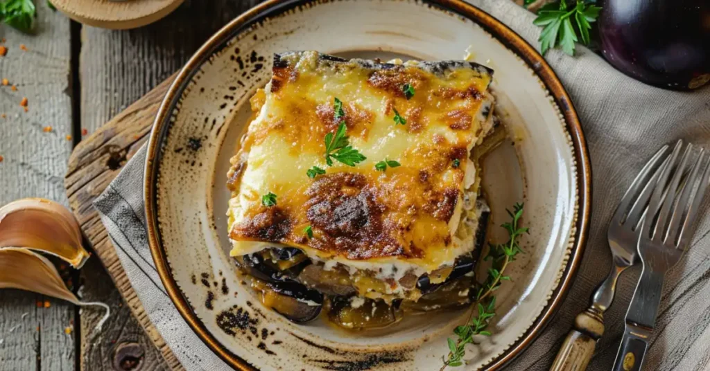 A rustic plate of baked moussaka garnished with herbs