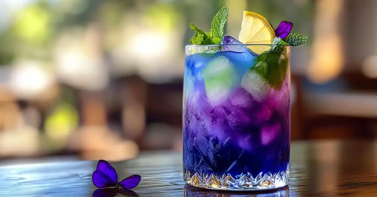 A vibrant purple Brazilian Mounjaro drink with ice, lemon, and mint, served outdoors in a beautiful setting.