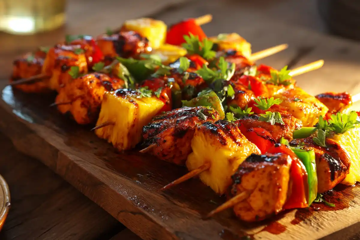 Close-up of BBQ Pineapple Chicken Kabobs with grill marks, glazed sauce, and fresh herbs on a wooden serving board.