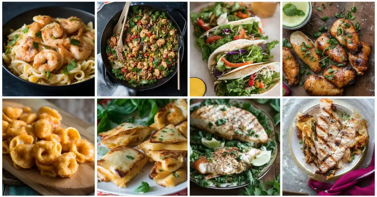 Collage of 8 easy 15-minute dinner recipes including pasta, quesadillas, tacos, and fish