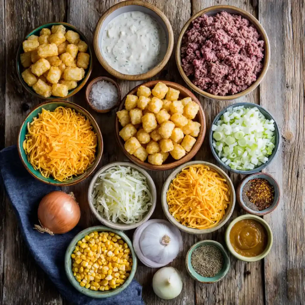 Cowboy Casserole ingredients arranged in rustic bowls
