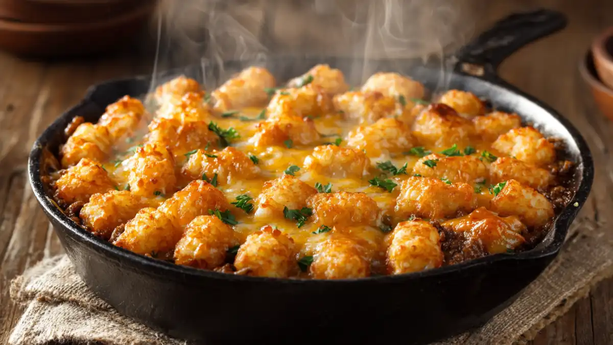 Cowboy Casserole served in cast iron skillet with cheese topping