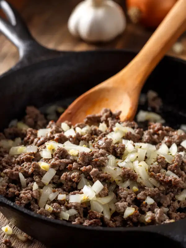 Browning beef with onions in a cast iron skillet