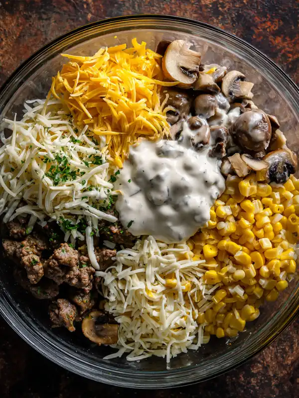 Mixing cheese, corn, mushrooms, and sauce in a bowl