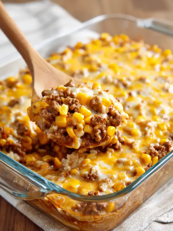 Serving cheesy Cowboy Casserole from glass baking dish