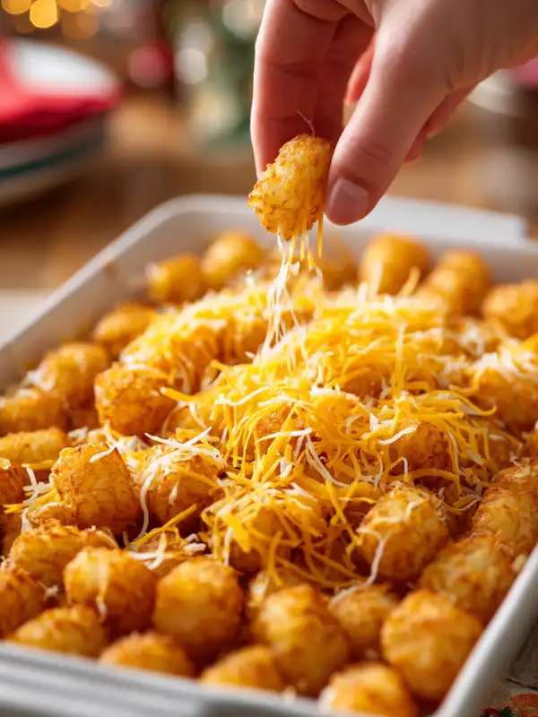 Sprinkling shredded cheese over tater tots in baking pan