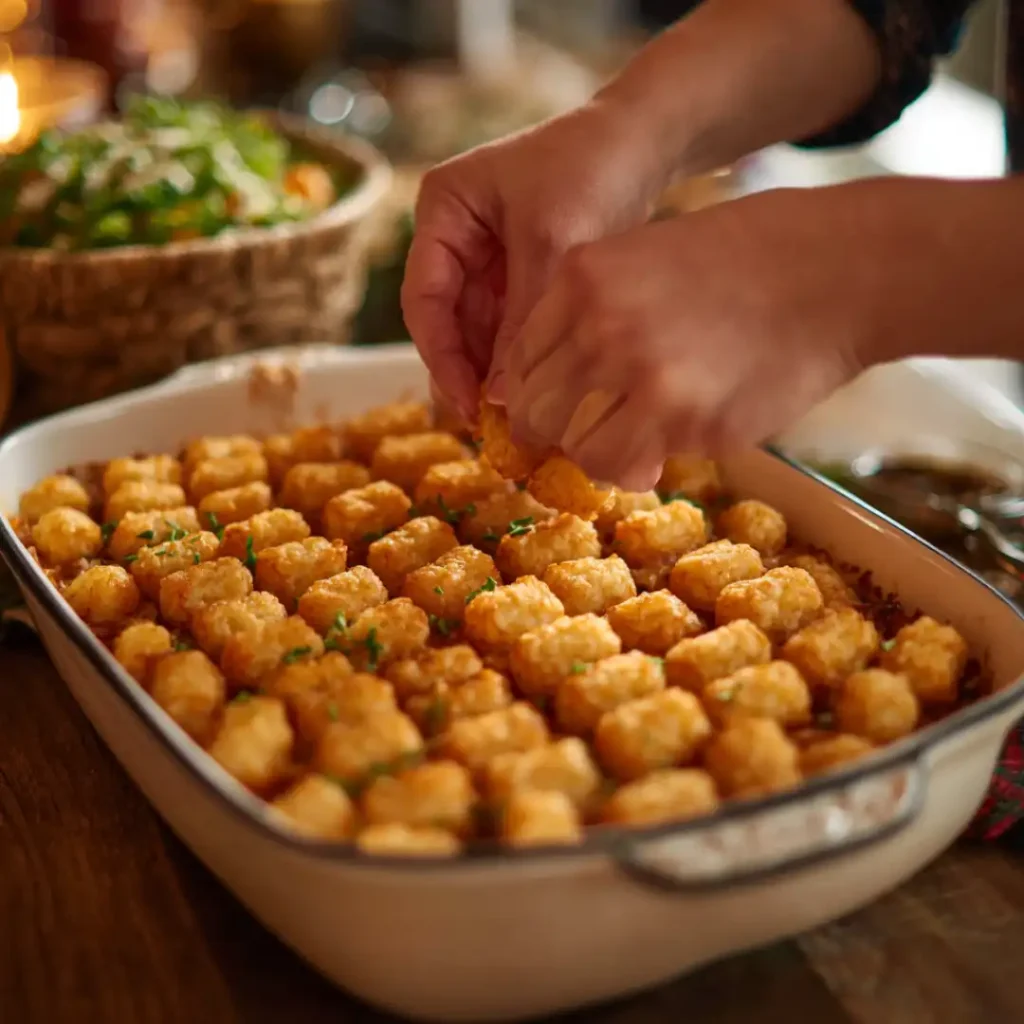 Lining up tater tots on top of casserole with hands