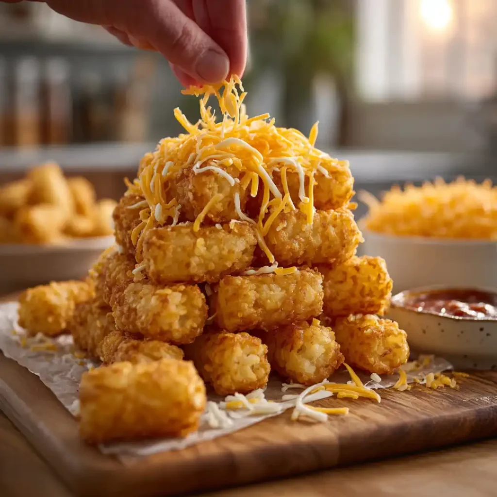 Stack of tater tots topped with shredded cheese
