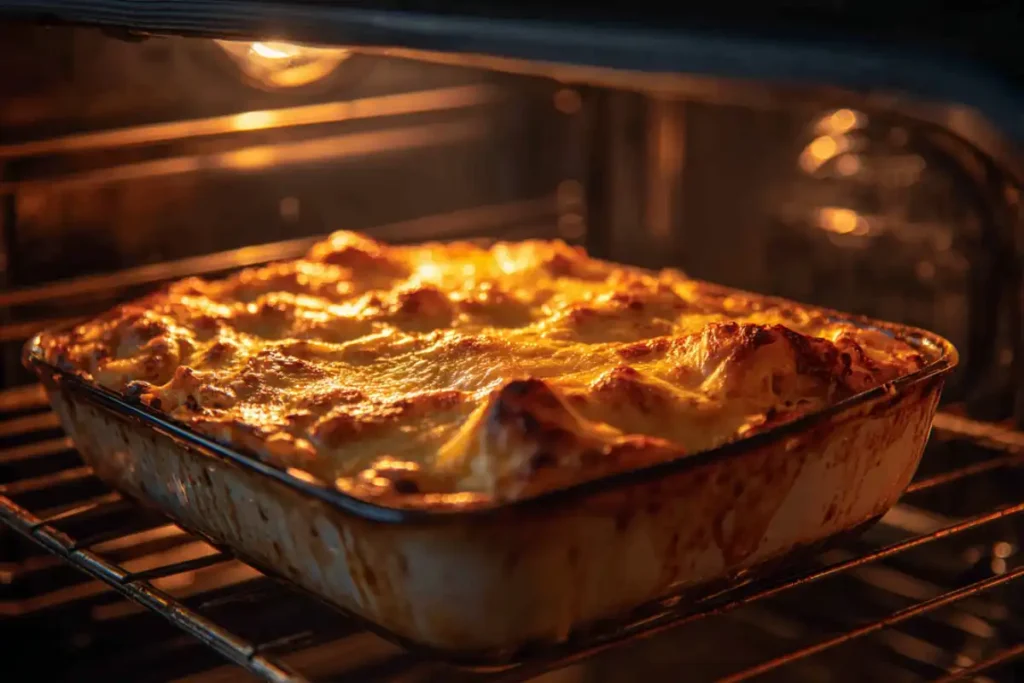 Cowboy Casserole bubbling in oven with golden topping