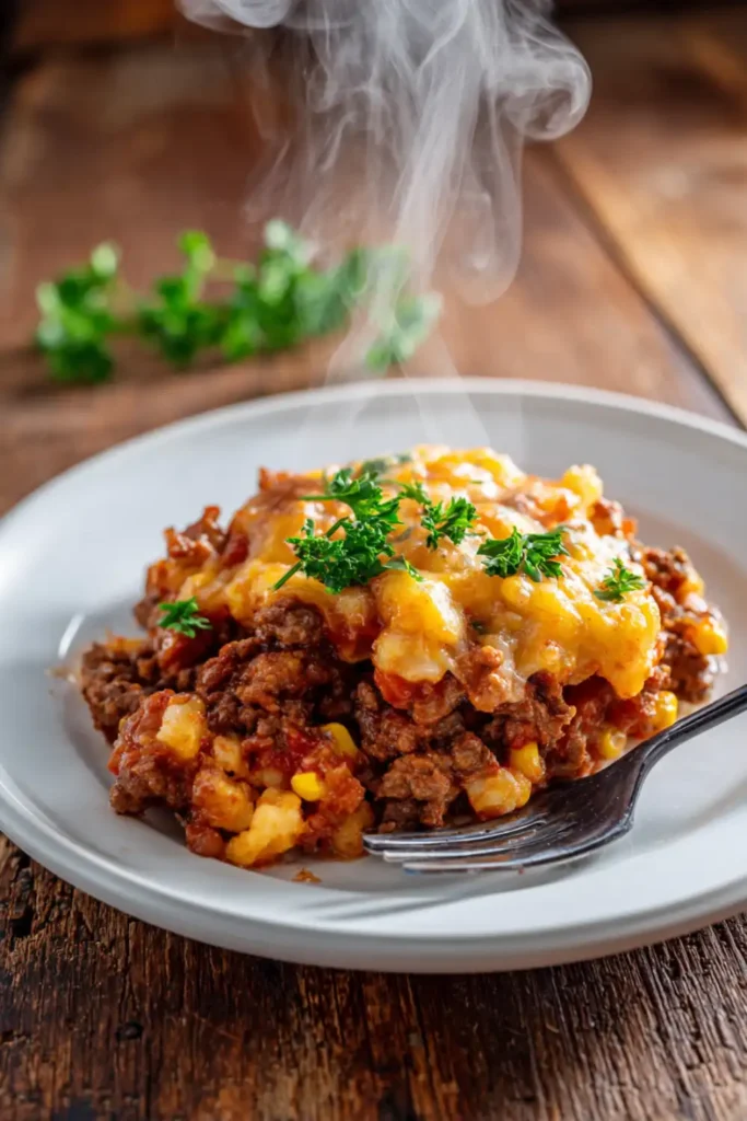 Cowboy Casserole plated with steam and parsley garnish