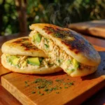 Close-up of Reina Pepiada arepa venezolana with creamy chicken and avocado filling on a wooden board